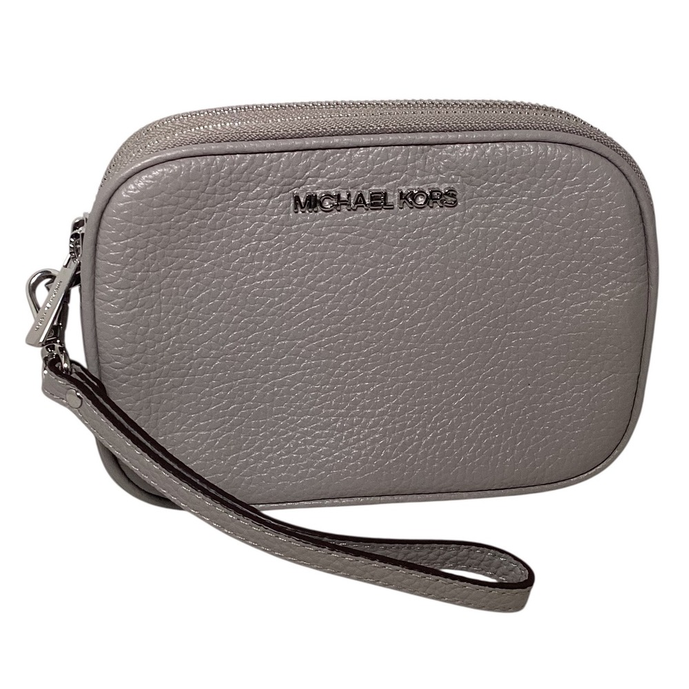 MICHAEL KORS Grey Pebble Leather Double Zip Wristlet Pouch Clutch